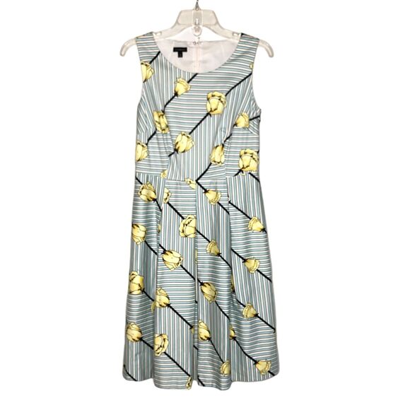 Talbots Womens Yellow Rose Blue Stripe Fit and Flare Dress Pockets Size 4 Spring - Picture 1 of 11